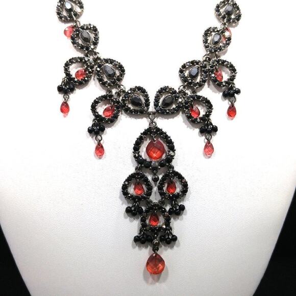 Black Rhinestone Red Faceted Dangle Necklace, Vintage Style, 18 Inches - Picture 2 of 4